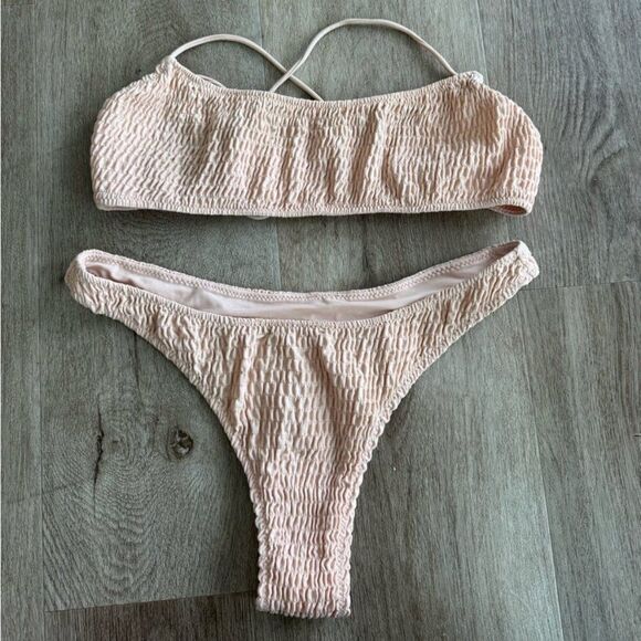 Sarah’s Day X White Fox Boutique Bikini Set Cheeky High Cut Ribbed Pink Tan M - Picture 2 of 9